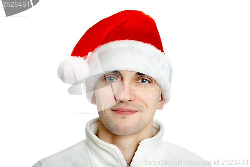 Image of man in santa hat on white background