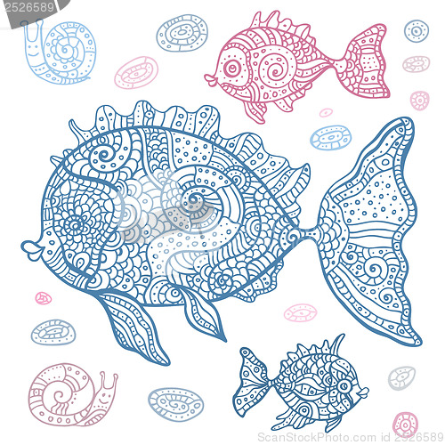 Image of Sea Fish set. Hand drawn vector illustration.