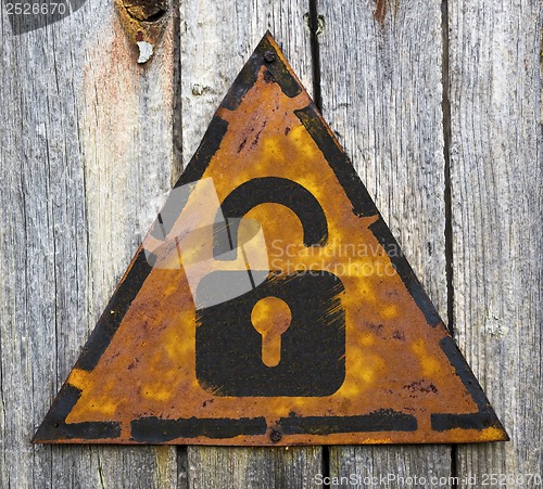 Image of Icon of Opened Padlock on Rusty Warning Sign.