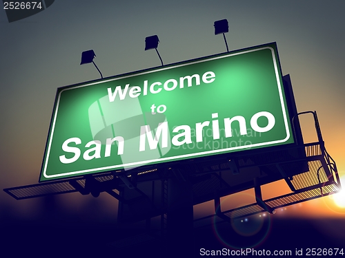 Image of Billboard Welcome to San Marino at Sunrise.