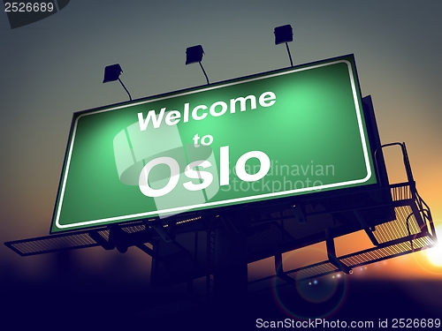 Image of Billboard Welcome to Oslo at Sunrise.
