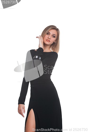 Image of Portrait of trendy blonde woman in black dress