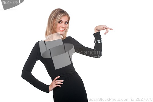 Image of Woman presenting something on white background