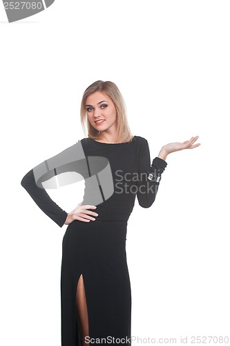 Image of Woman presenting something on white background