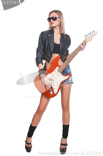 Image of Young woman with guitar on white background