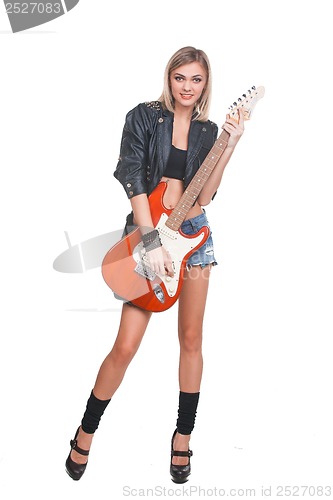 Image of Young woman with guitar on white background