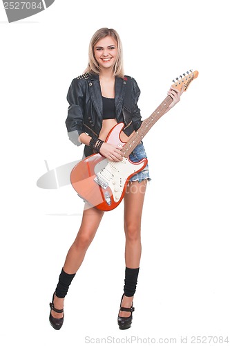 Image of Young woman with guitar on white background