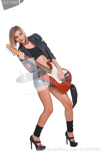 Image of Young woman with guitar on white background