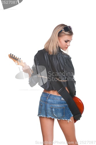 Image of Young woman with guitar on white background