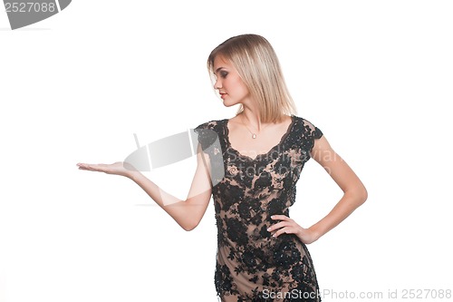 Image of Woman presenting something on white background