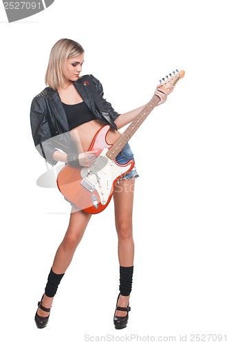 Image of Young woman with guitar on white background