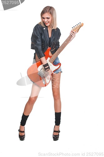 Image of Young woman with guitar on white background