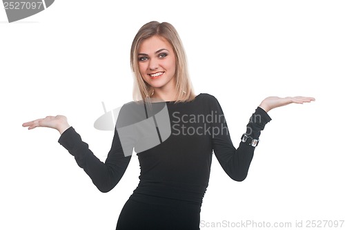 Image of Woman presenting something on white background