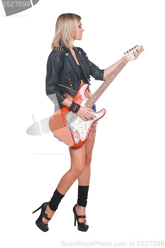 Image of Young woman with guitar on white background