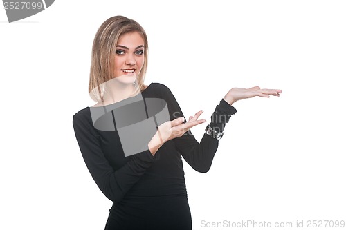 Image of Woman presenting something on white background