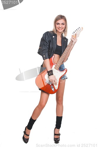 Image of Young woman with guitar on white background