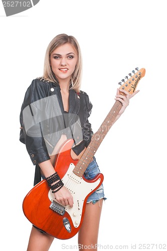 Image of Young woman with guitar on white background