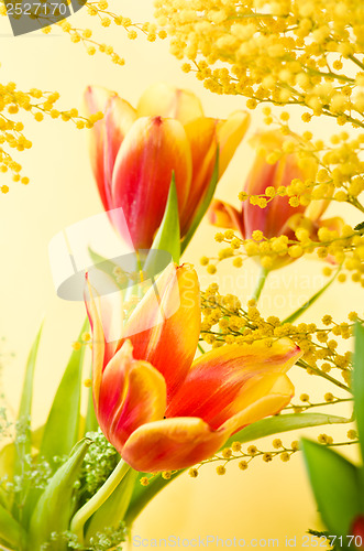 Image of Spring bouquet with a mimosa and tulips