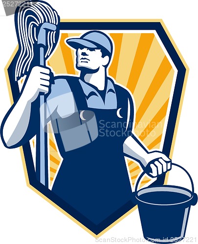 Image of Janitor Cleaner Hold Mop Bucket Shield Retro