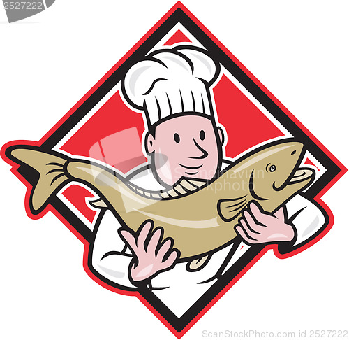 Image of Chef Cook Handling Salmon Trout Fish Cartoon