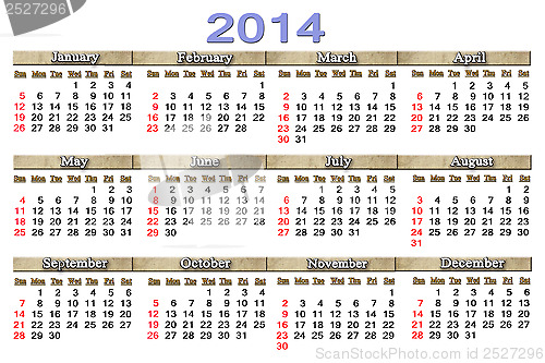 Image of calendar for 2014 year