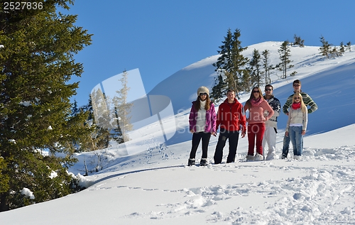 Image of friends have fun at winter on fresh snow