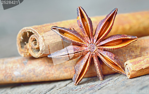 Image of anise star and cinnamon sticks, on wooden table