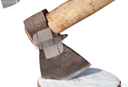 Image of Axe and log with snow. Close-up view.