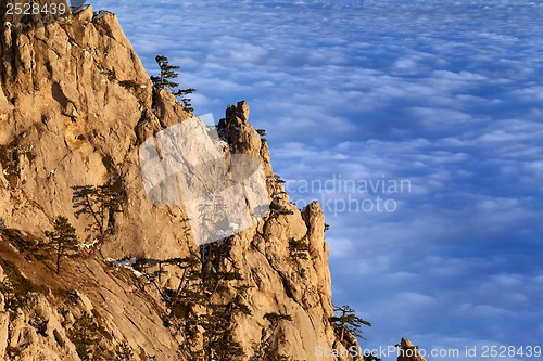 Image of Sunlit cliffs and sea in clouds at evening