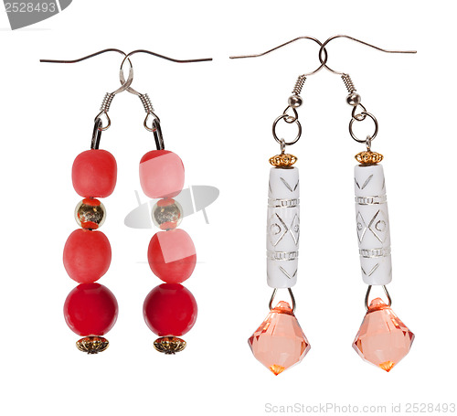 Image of Earrings- pendants with sequins and red beads on white backgroun