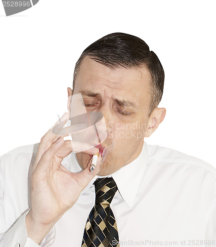 Image of smoking male eagerly inhale cigarette caustic smoke