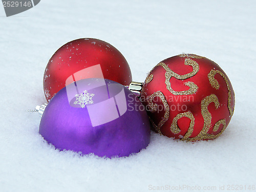 Image of Christmas decorative balls in snow