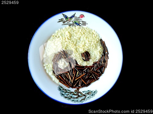 Image of the tao symbol of yin and yang made of rice