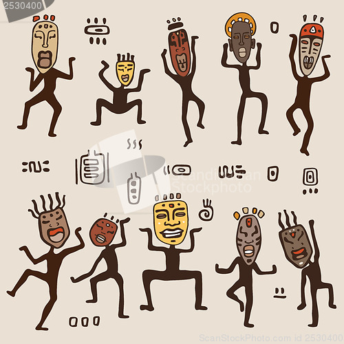 Image of Dancing figures wearing African masks.