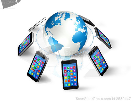 Image of Smartphones Around World Globe, Global Communication