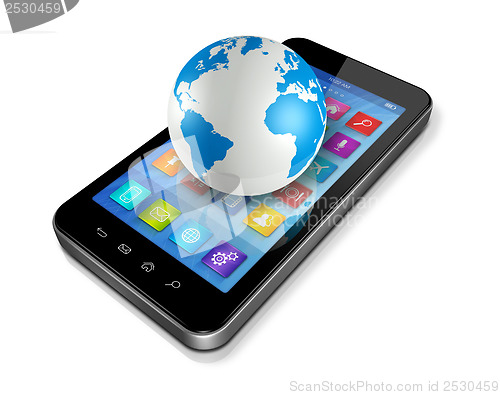 Image of Smartphone with apps icons and World Globe