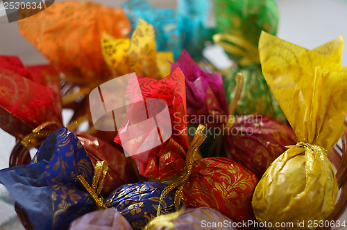 Image of Easter eggs in a decorative paper close-up