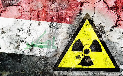 Image of Old cracked wall with radiation warning sign and painted flag