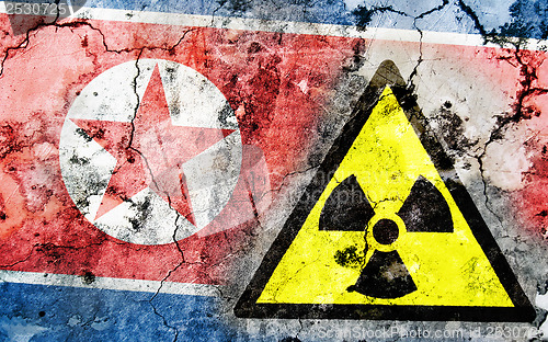 Image of Old cracked wall with radiation warning sign and painted flag