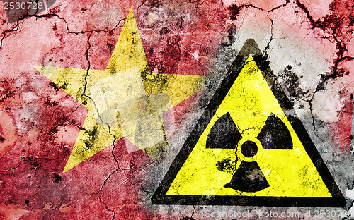 Image of Old cracked wall with radiation warning sign and painted flag