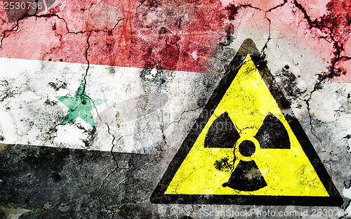 Image of Old cracked wall with radiation warning sign and painted flag