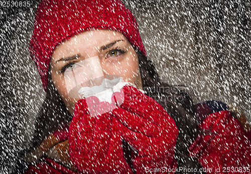 Image of Sick Woman Blowing Her Sore Nose With Tissue and Snow
