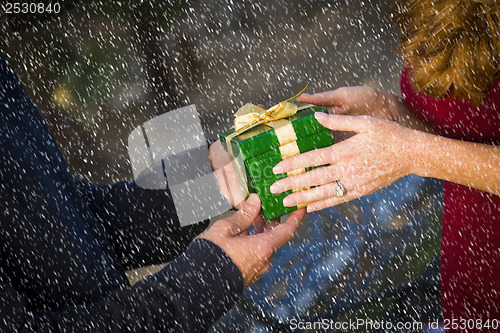 Image of Hands of Man and Woman Exchanging Christmas Gift in Snow