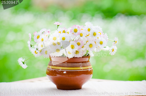 Image of A bouquet of daisies in a pot at the table 