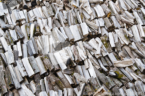 Image of folded rows of firewood, close-up  