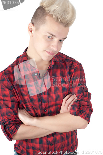 Image of Man with crossed arms in a red shirt