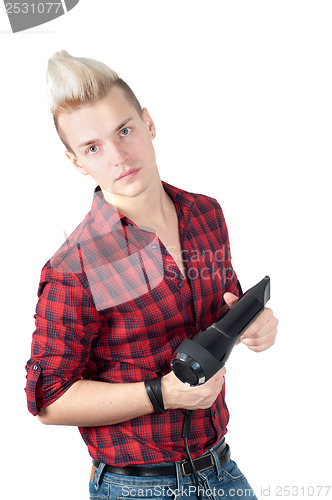 Image of Portrait of handsome man with hairdryer