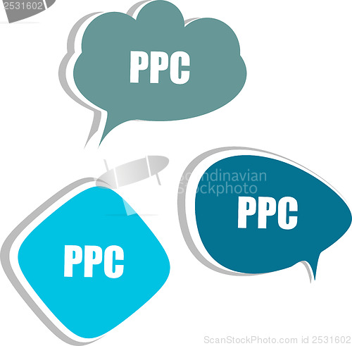 Image of ppc word on modern banner design template. set of stickers, labels, tags, clouds