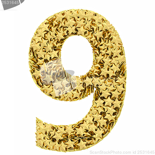 Image of Number 9 composed of golden stars isolated on white