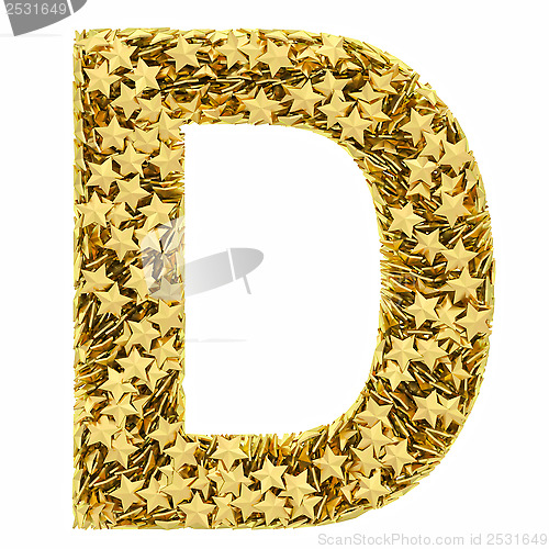 Image of Letter D composed of golden stars isolated on white